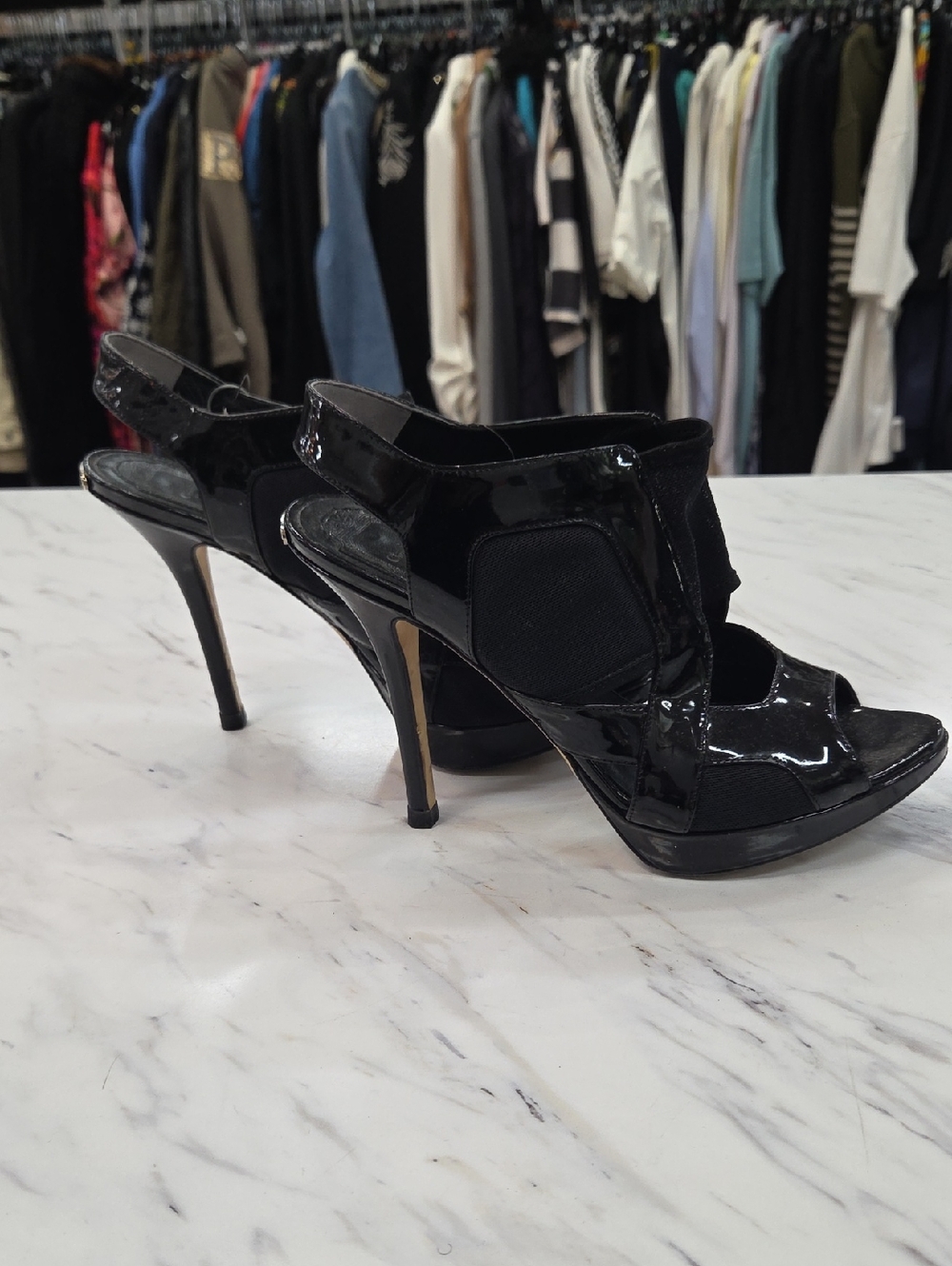 Dior Black Patent Leather Open-Toe Slingback Heels